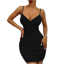 Vestido preto justo com pregas, decote em V e costas abertas, para mulheres1