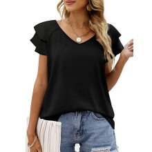 Casual dames T-shirt met V-hals en ruches, effen, losse pasvorm