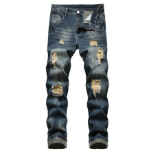 Jean homme en denim uni, coupe droite, avec trous déchirés