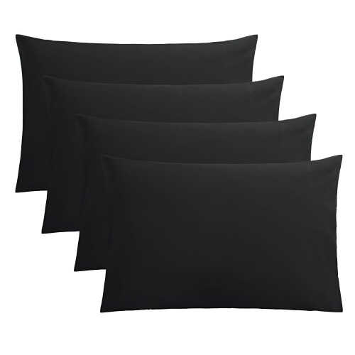 Ensemble de 4 taies d'oreiller en microfibre brossée, noir, format Queen