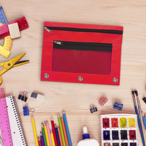 Etui van transparant PVC met drie ritsgaten, rood, groot formaat 1