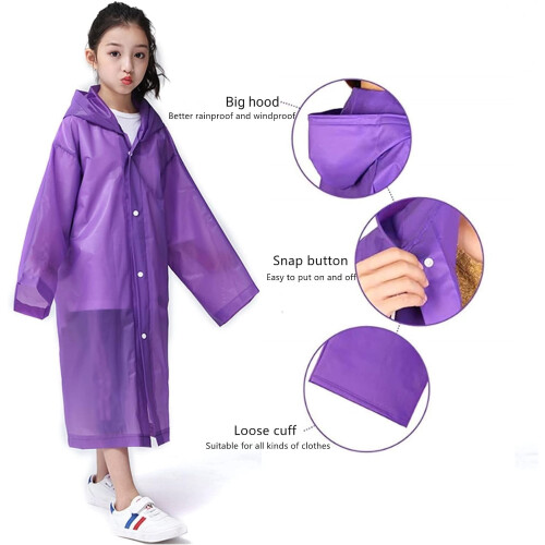 Poncho antipioggia riutilizzabile per bambini con cappuccio e maniche, colore viola 1