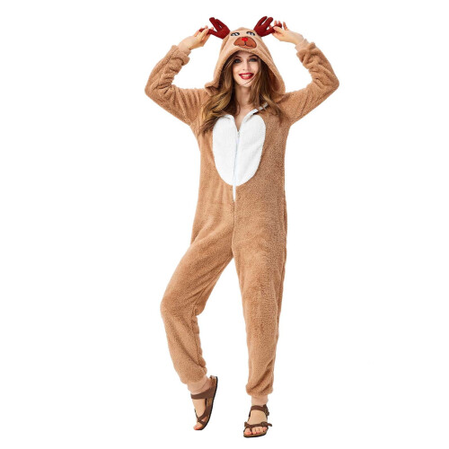 Weihnachts-Fleece-Schlafanzug mit Kapuze, braun, einteilig