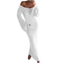 Gestreiftes, langes Strickkleid für Damen mit Meerjungfrauensaum, weiß