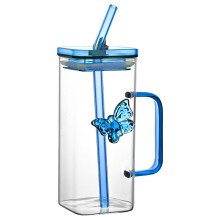 Gobelet papillon en verre avec anse et paille, 350 ml