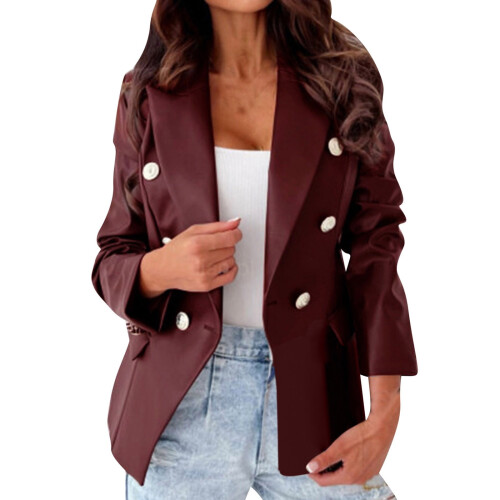 Damen-Kunstlederjacke, einfarbig, langärmelig, rot