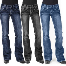 Damjeans med mellanhög midja och broderad stretch, svarta