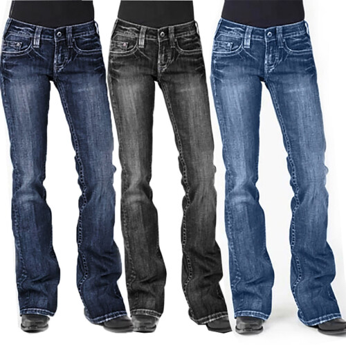 Dame Mellemhøj Talje Broderet Stretch Jeans Sorte