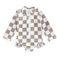 Girls' long sleeve zip swimsuit with beach skirt khaki