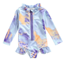 Girls' Purple Long-Sleeve Zipper Swimsuit with Beach Skirt,