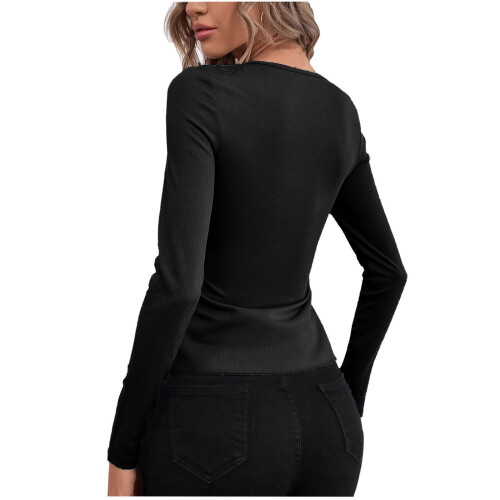 Damen-Langarmshirt aus Polyester, einfarbig, V-Ausschnitt 2