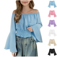 Lichtblauwe casual top voor meisjes met tailleaccentuering, lang model