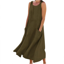Damen-Sommerkleid aus Baumwollleinen, ärmellos, Rundhalsausschnitt