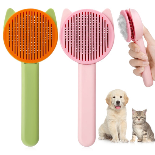 Cat Brush with Release Button 2 Pcs Pink Green