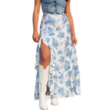 Women's sky blue boho floral maxi skirt high waist ruffle