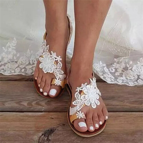 Sandali romani da donna bianchi con lacci e fiore, punta aperta, taglia 9.5