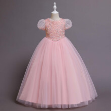 Roze prinsessenjurk voor meisjes met pofmouwen en pailletten, maat 11-12