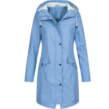 Damesregenjas met capuchon, effen blauw, winddicht, plus size