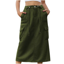 Dame denim cargo nederdel i armygrøn med høj talje og elastisk pasform