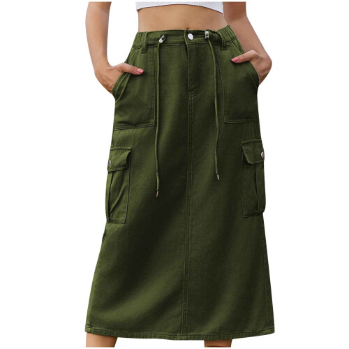 Dames denim cargo rok legergroen hoge taille elastische pasvorm