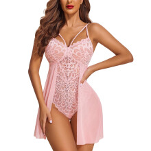 Damen-Teddy mit Blumenmuster, Druckknöpfen im Schritt und Push-up-BH-Hemd