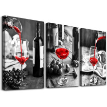 Ensemble de 3 toiles représentant des verres à vin noirs et blancs (12 x 16 pouces).