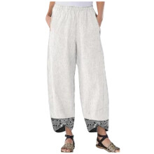 Pantaloni casual de damă din bumbac și in, albi, cu croi larg, elastici