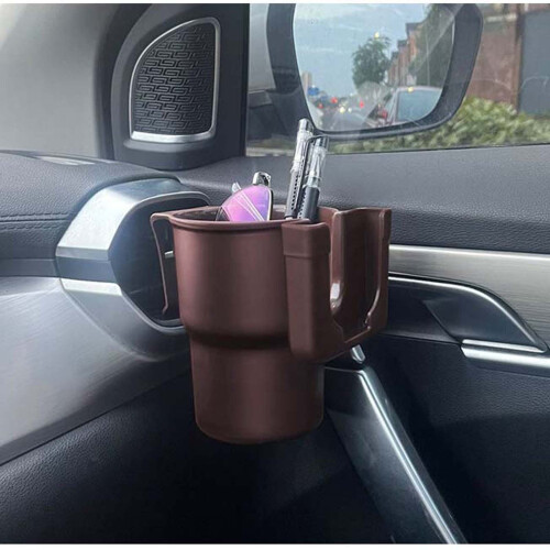 Expansor de porta-copos para carro com espaço para bebidas, celular e moedas.