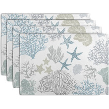 Set van 4 linnen placemats in oceaanblauw, grijs, koraal en zeestermotief.