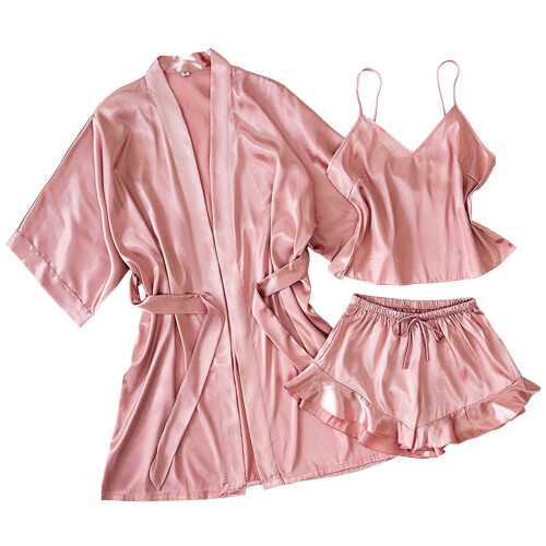 Damen-Schlafanzug-Set aus einfarbigem Polyester-Satin, 3-teilig