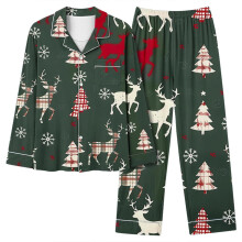 Kerstpyjama voor dames met V-hals en elastische tailleband.