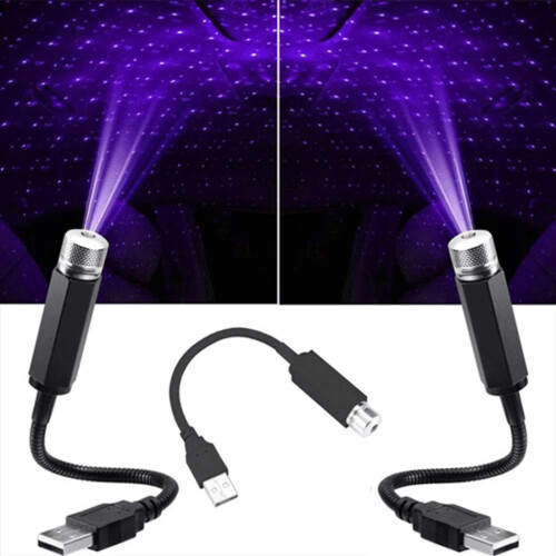 Luz de projeção LED roxa com céu estrelado e USB para iluminação noturna.