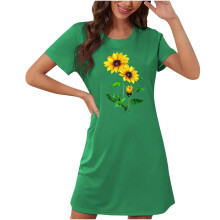 Damen-Nachthemd mit Sonnenblumenmuster, Rundhalsausschnitt und kurzen Ärmeln