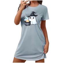 Camicia da notte di Halloween con stampa a cartoni animati, scollo rotondo, in poliestere