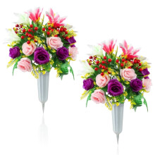 Bouquet artificiel de roses et de lys pour tombes – Lot de 2