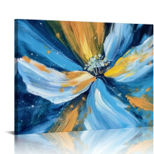 Tableau abstrait sur toile bleu marine et jaune, 40 x 30 cm, encadré