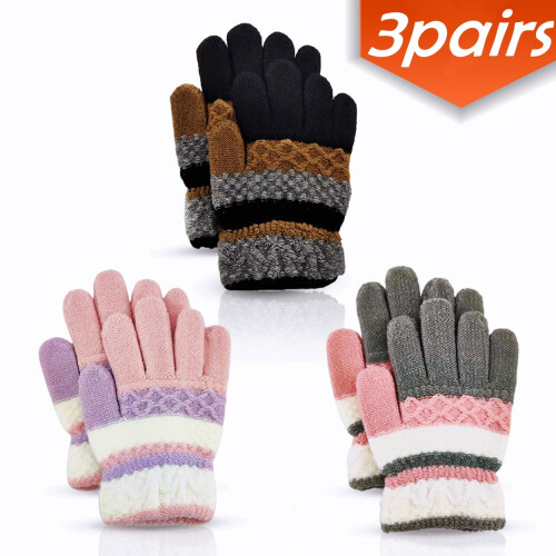 Kinder-Strickhandschuhe, warme Fäustlinge, 3 Paar