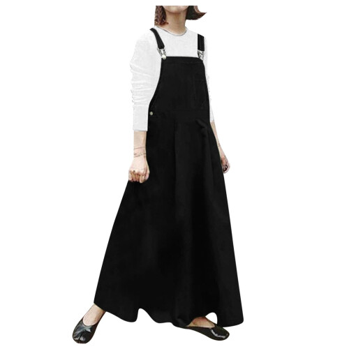 Vestido preto liso sem mangas para mulheres, com bolsos.