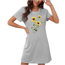 Damen-Nachthemd mit Sonnenblumenmuster, aus weicher Milchseide, lockere Passform