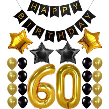 Kit de decoração para festa de 60 anos com balões dourados e faixa.