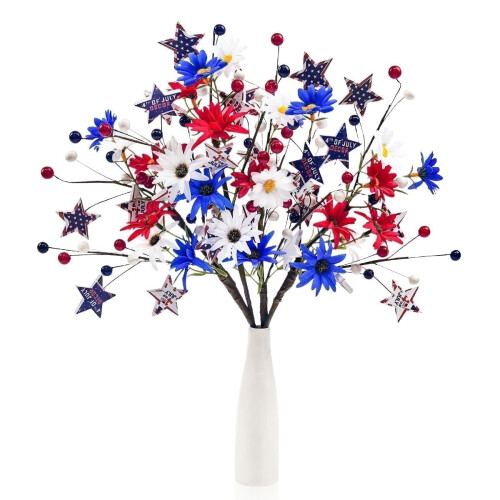 4 luglio fiori artificiali con bacche, steli bianchi, blu e rossi4