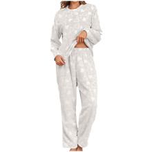 Naisten sydänkuvioinen flanellipyjama-setti, pitkähihainen ja lämpöä kestävä