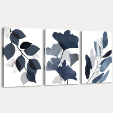Väggdekorationer med bohemiskt lövmotiv, set med 3, marinblå abstrakta växter, 12x16