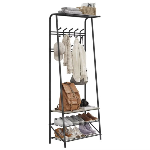 Coat Rack Shoe Bench Gray Metal Frame 10 Hooks