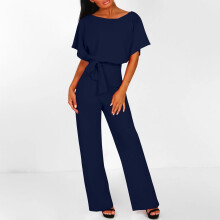 Damen-Jumpsuit mit kurzen Ärmeln, Gürtel und geradem Bein
