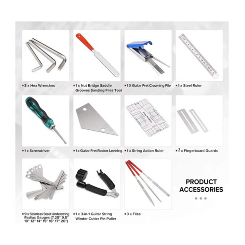 Guitar Repair Tool Kit, String Changing Tool, Wrench, Grinding File, Measuring Ruler, Stringer, Leveling Ruler, 25 in 1