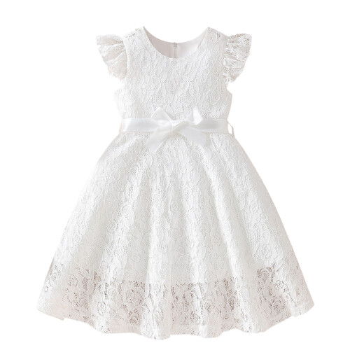 Vestido de princesa infantil branco com renda, sem mangas e cor lisa.