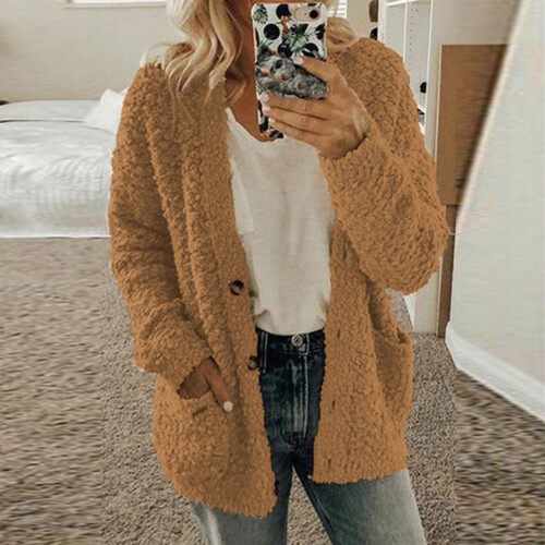 Cardigan da donna Elainilye in peluche con tasche e 1