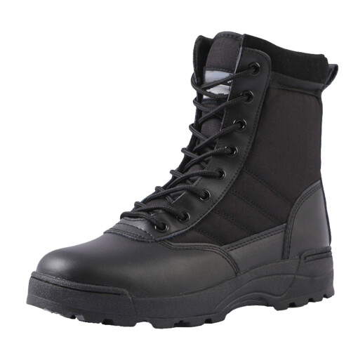 Botas táticas masculinas de trabalho em couro com zíper lateral