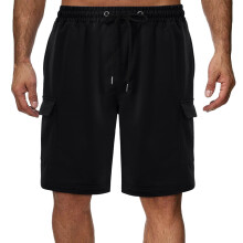 Calções cargo masculinos casuais, cor sólida, cintura elástica e vários bolsos.
